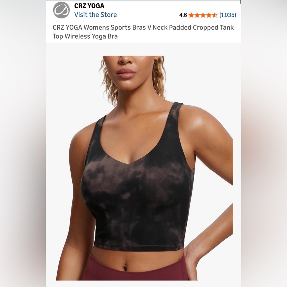 CRZ YOGA Womens Sports Bras V Neck Padded Cropped Tank Top Wireless Yoga Bra
